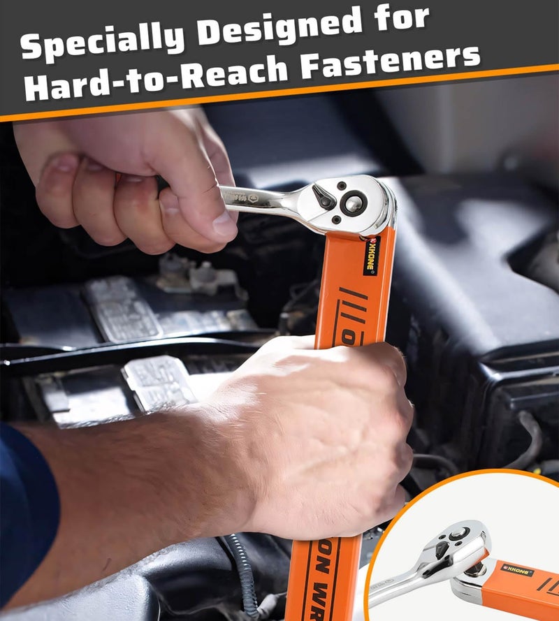 XKONE Offset Extension Wrench Set,3/8" Drive Wrench with 1/4",3/8",1/2" Square Drive Adapters and 1/4" Socket for Tight Spaces. - Image 3